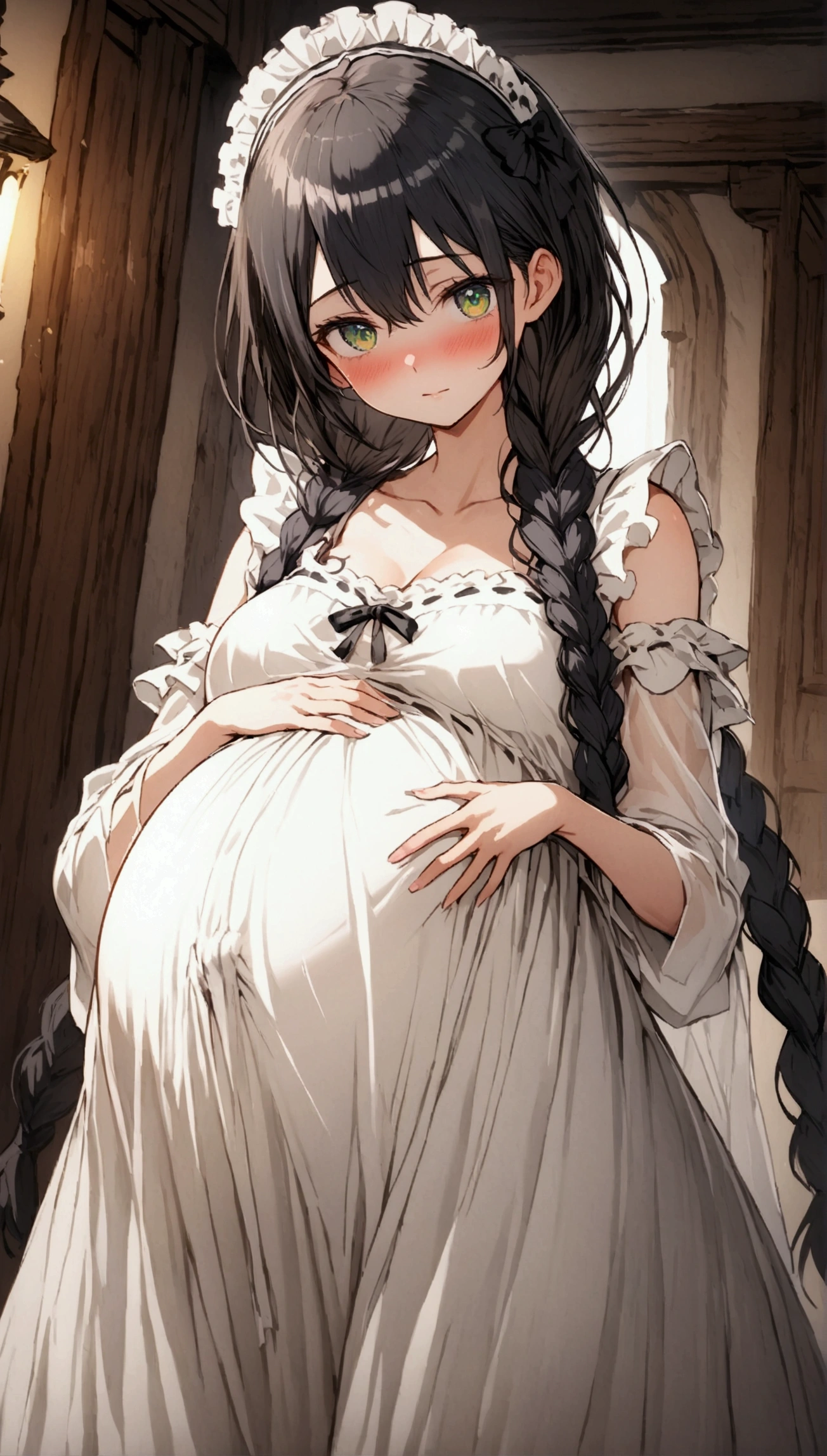 Anime. 1 girl. Housemaid. Pregnant. Black hair. Long hair. Hair is gathered in braids. Green eyes. Beautiful eyes. Perfect eyes. Expressive eyes. Beautiful nose. Ideal anatomical body. Beautiful graceful hands. Beautiful graceful legs. Medium breasts. Beautiful breasts. Nightgown. Contractions. The waters have broken. Childbirth. She's giving birth. I peed myself. I crap myself. Standing. Bedroom in a mansion. Full height. Embarrassment. Blush. Whole body. Extremely detailed CG Unity 8k wallpaper. Ideal lighting. Ultra high resolution 4K. Super detailed 8K resolution.