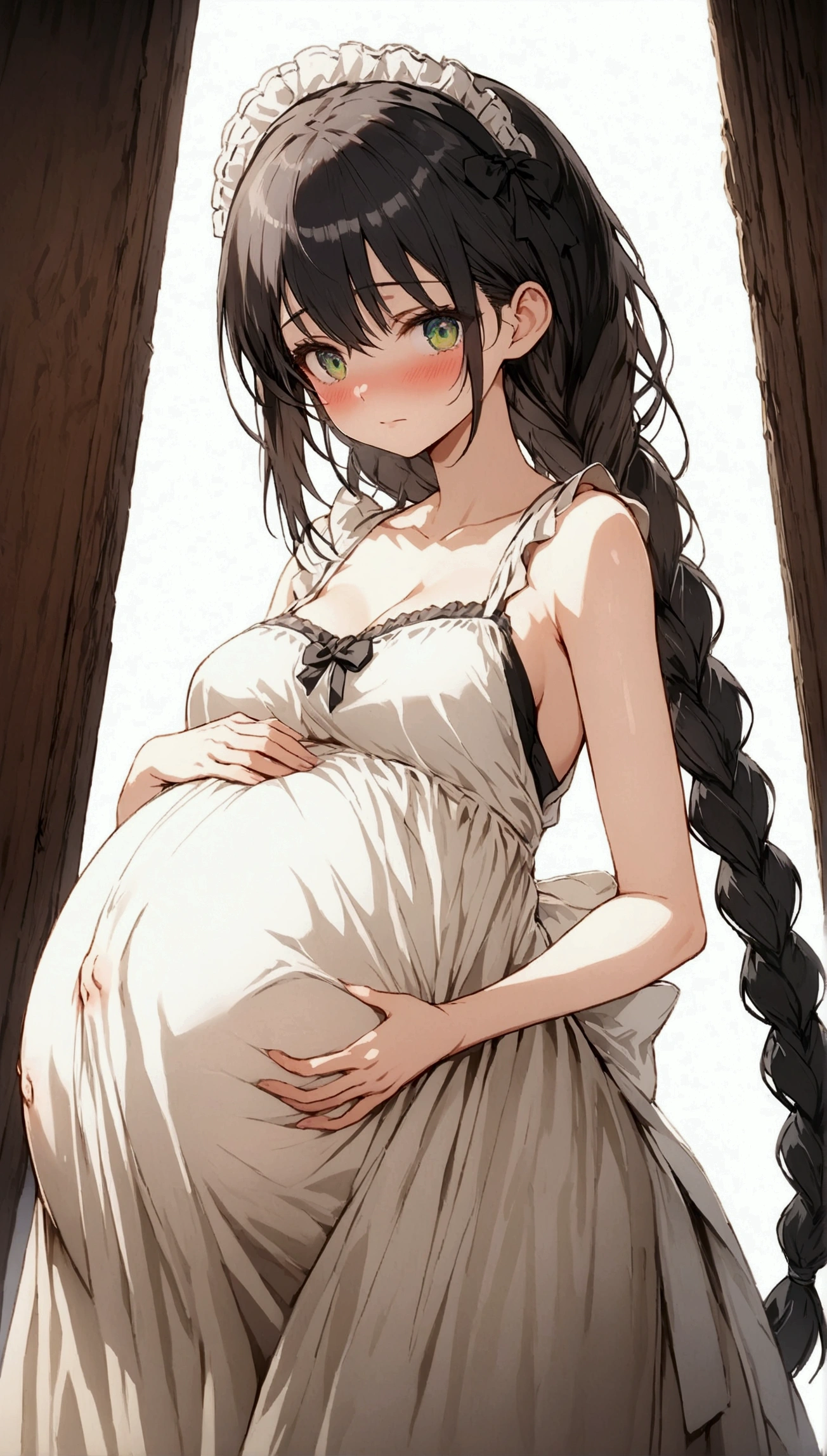 Anime. 1 girl. Housemaid. Pregnant. Black hair. Long hair. Hair is gathered in braids. Green eyes. Beautiful eyes. Perfect eyes. Expressive eyes. Beautiful nose. Ideal anatomical body. Beautiful graceful hands. Beautiful graceful legs. Medium breasts. Beautiful breasts. Nightgown. Contractions. The waters have broken. birth. She's giving birth. I peed myself. I crap myself. Standing. Bedroom in a mansion. Full height. Embarrassment. Blush. Whole body. Extremely detailed CG Unity 8k wallpaper. Ideal lighting. Ultra high resolution 4K. Super detailed 8K resolution.