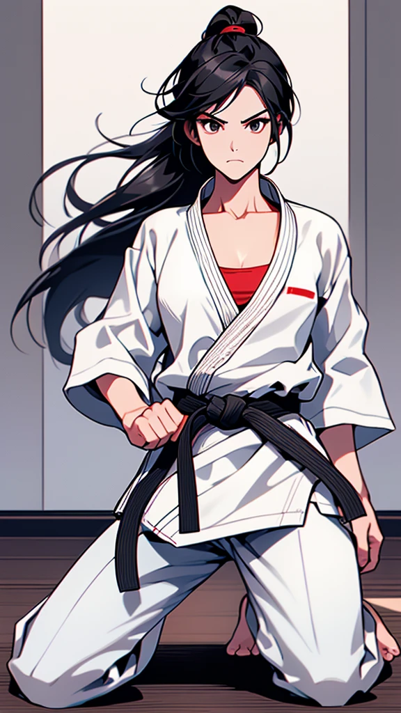 Slender female karateka　Mature Woman　((seiza))　Open chest　Karate Dojo　Black Hair　ponytail　((White T-shirt underneath the karate uniform))　clavicle　Black belt　sit　White pants,Loose, plain white clothing,　Loose white short-sleeved karate uniform　Décolletage　Open chest　karate gi