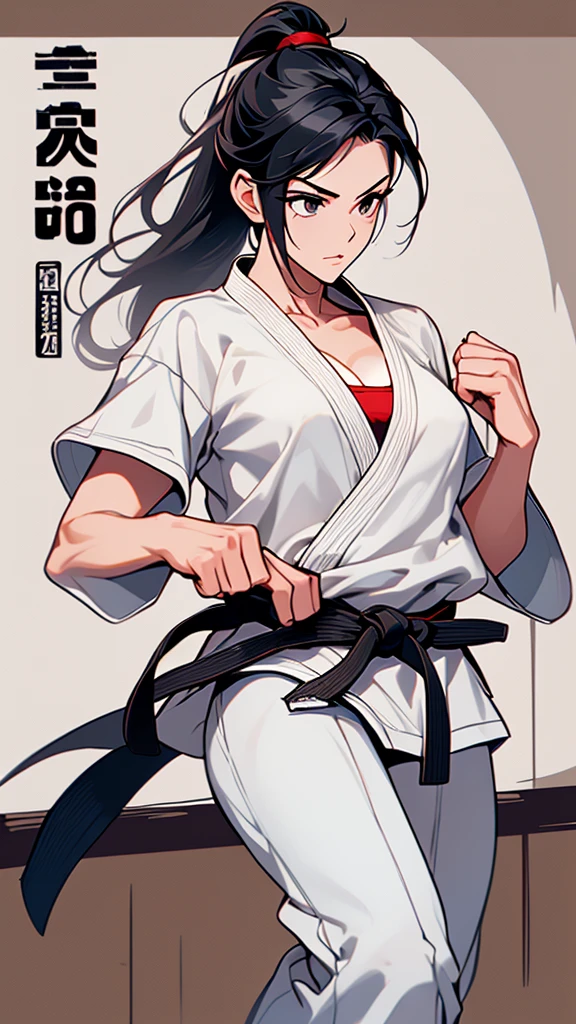 Slender female karateka　Mature Woman　((seiza))　Open chest　Karate Dojo　Black Hair　ponytail　((White T-shirt underneath the karate uniform))　clavicle　Black belt　sit　White pants,Loose, plain white clothing,　Loose white short-sleeved karate uniform　Décolletage　Open chest　karate gi