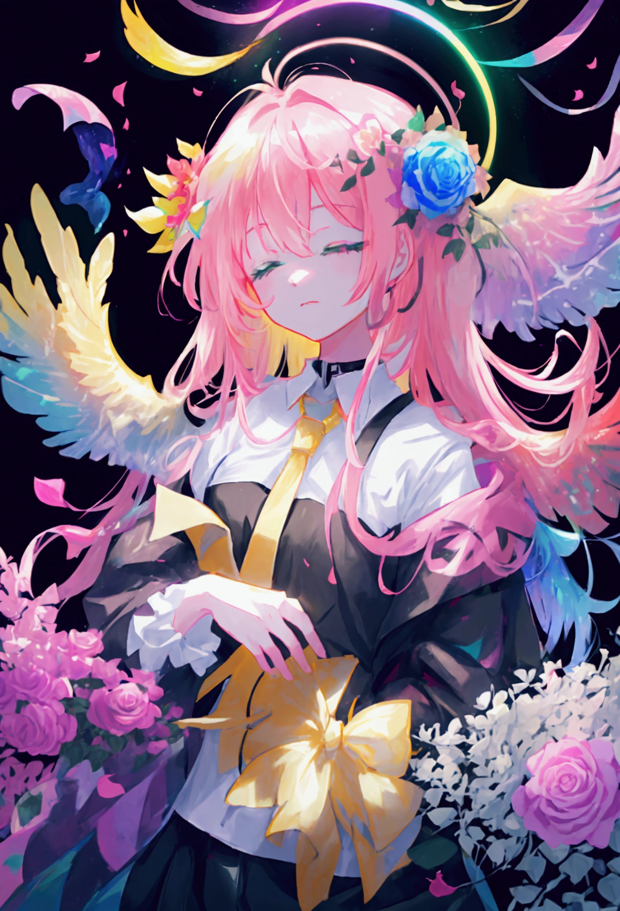 rainbow, galaxy goddess, galaxy aesthetic, black background, overwhelmingly bright, rainbow halo that covers eyes, glowing plasma body, no eyes, rainbow clothes, pink roses