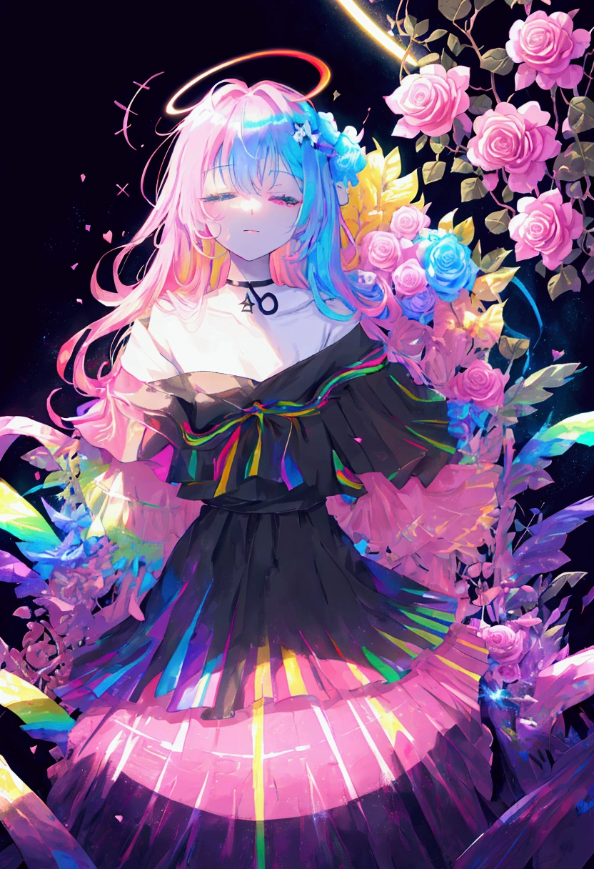 rainbow, galaxy goddess, galaxy aesthetic, black background, overwhelmingly bright, rainbow halo that covers eyes, glowing plasma body, no eyes, rainbow clothes, pink roses