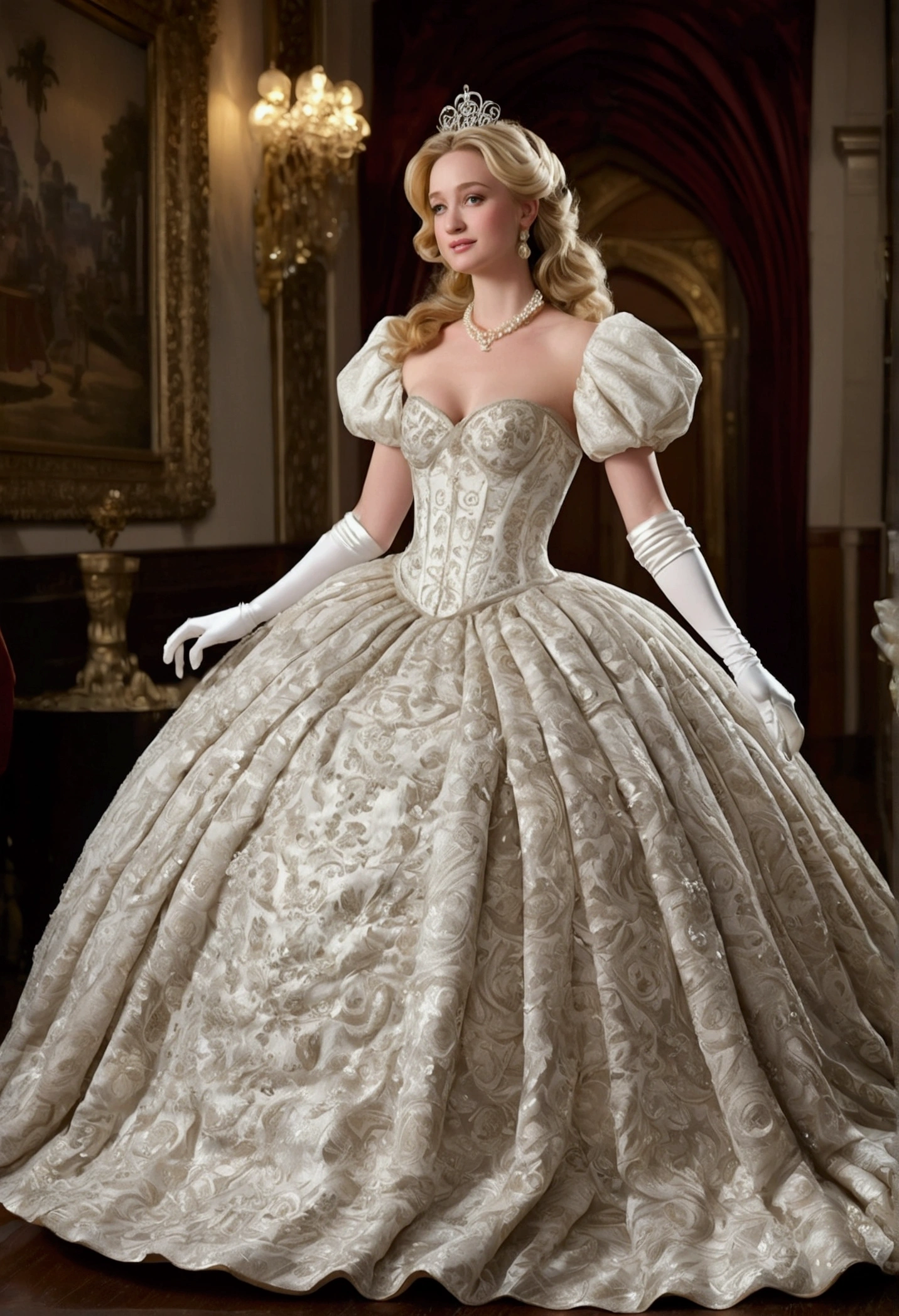 A stunningly beAutiful blonde fAirytAle Princess Greer GrAmmer shining and RoyAl Pomp And RegAl Splendor, weAring A StAtely And (((ElAborAte))) RoyAl CinderellA BAllgown of Silver And White BrocAde, and (((Huge puff sleeves))) A stiffly boned, pAdded And corseted bodice, An hourglAss wAist, A (((Huge petticoat))) And (((busy))), Adorned and ribbons, bow, Rose, lAce, Ruffles, decorate, embroidery, And jewels, elAborAtely curled And styled hAir, long white gloves, peArl And diAmond necklAce And eArrings,  white pantyhose,  shoes,  full body shot. 