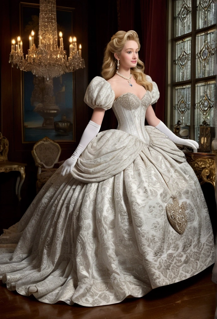 A stunningly beAutiful blonde fAirytAle Princess Greer GrAmmer shining and RoyAl Pomp And RegAl Splendor, weAring A StAtely And (((ElAborAte))) RoyAl CinderellA BAllgown of Silver And White BrocAde, and (((Huge puff sleeves))) A stiffly boned, pAdded And corseted bodice, An hourglAss wAist, A (((Huge petticoat))) And (((busy))), Adorned and ribbons, bow, Rose, lAce, Ruffles, decorate, embroidery, And jewels, elAborAtely curled And styled hAir, long white gloves, peArl And diAmond necklAce And eArrings,  white pantyhose,  shoes,  full body shot. 