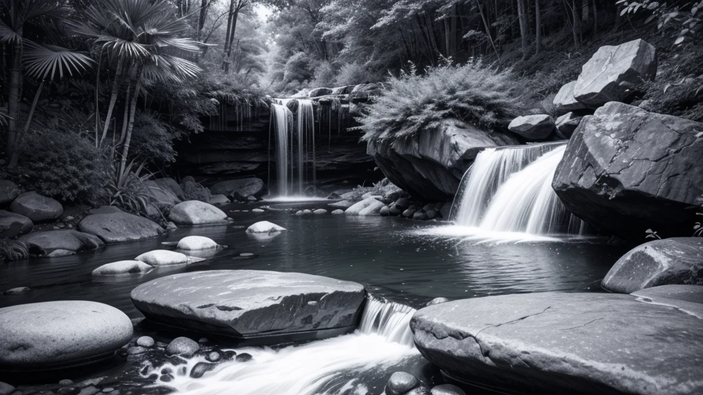 meditation stones in black and white waterfall and plants