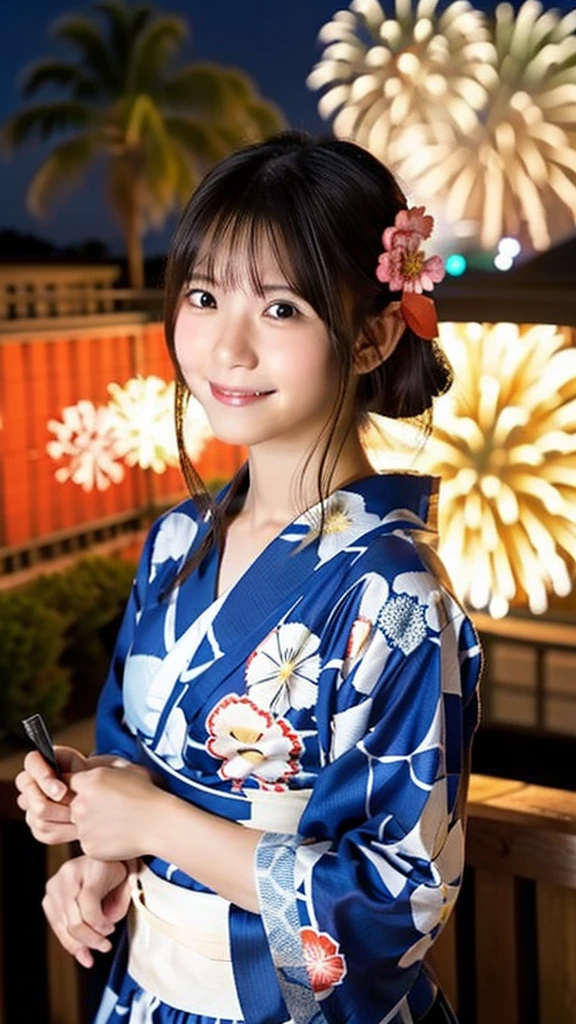 smile、high school girl、yukata、With fireworks in the background、Beautiful night view、