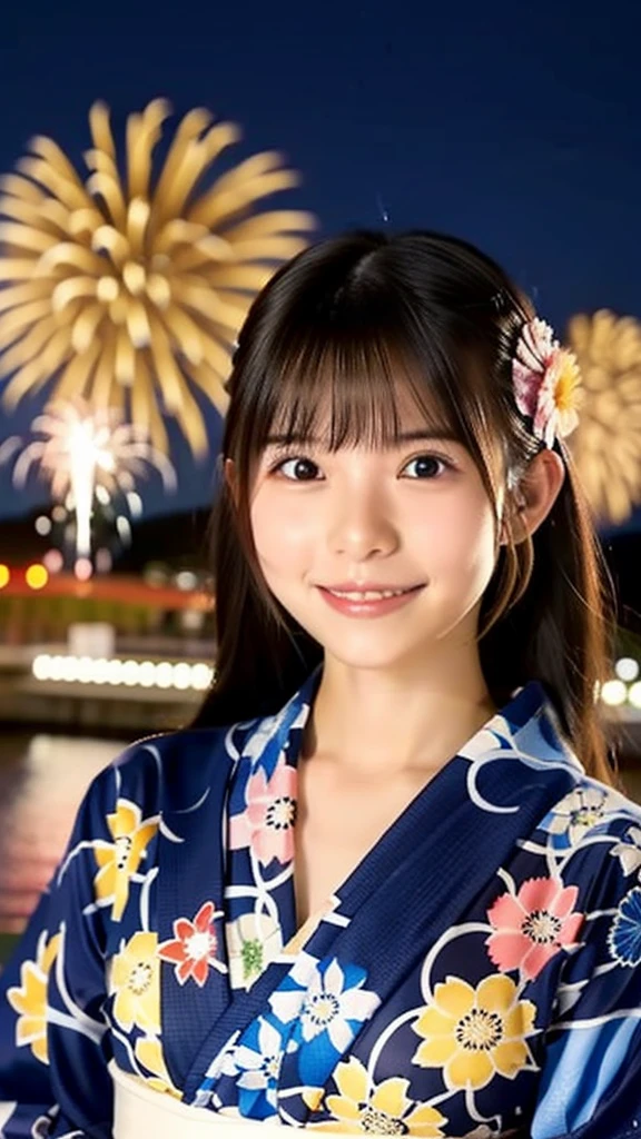 smile、high school girl、yukata、With fireworks in the background、Beautiful night view、