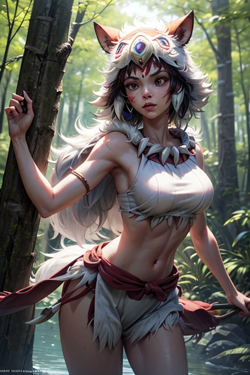 masterpiece, Highest quality,  Unreal Engine,  Super Resolution,  Very detailed, 

1 Girl, sun_Princess Mononoke, Waist,  thin,  (Muscular:0.9), Big Breasts, bold, Lips parted,  Observe the audience, 

Are standing, In a dynamic pose,  Cowboy Shot, 

Princess Mononokeの世界観で, In the forest with a lake,  Key Visual, 

sun_Princess Mononoke, Sticky with sweat,