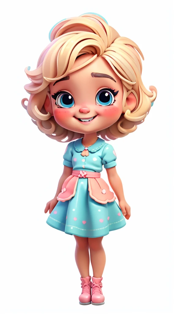 Baby girl cute chibi style, Estilo de Moda 2023, Tema estilosa, Linda, expressiva, Feliz, Sorriso lindo, bonito cabelos lisos, modelo profissional, Poses fofas, blonde, blue eyes, vivid color, blonde hair, pink dress, pink dress, white background

