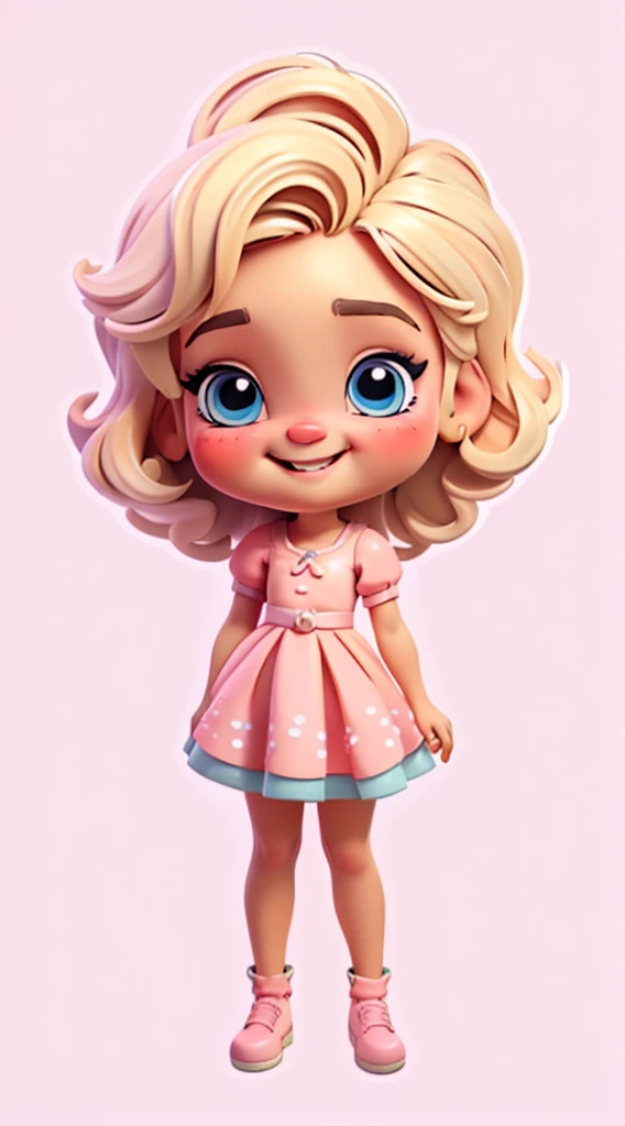 Baby girl cute chibi style, Estilo de Moda 2023, Tema estilosa, Linda, expressiva, Feliz, Sorriso lindo, bonito cabelos lisos, modelo profissional, Poses fofas, blonde, blue eyes, vivid color, blonde hair, pink dress, pink dress, white background
