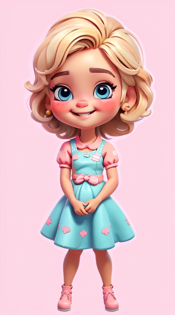 cute chibi style, Estilo de Moda 2023, Tema estilosa, Linda, expressiva, Feliz, Sorriso lindo, bonito cabelos lisos, modelo profissional, Poses fofas, blonde, blue eyes, vivid color, blonde hair, pink dress, pink dress, white background