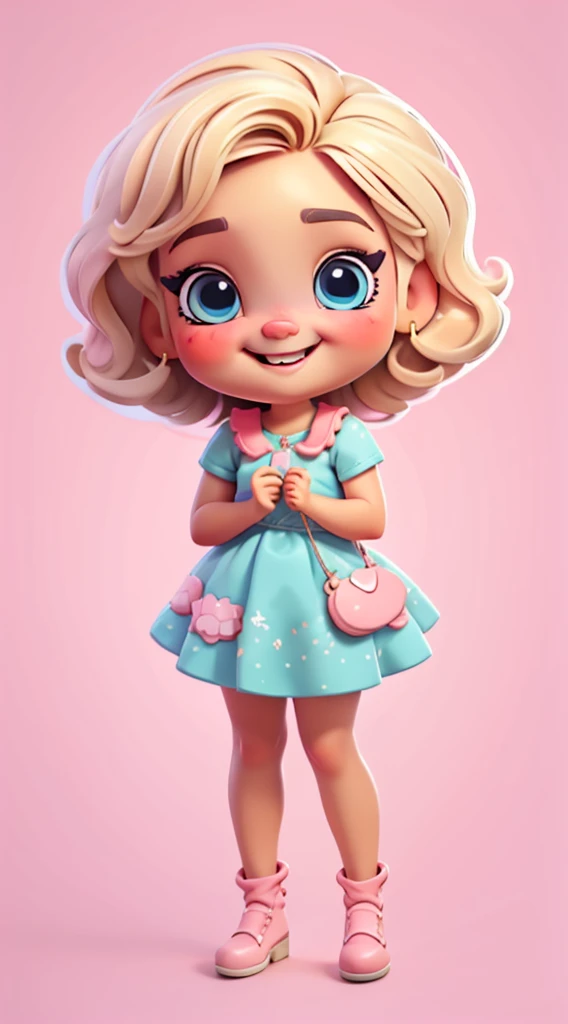 Baby girl cute chibi style, Estilo de Moda 2023, Tema estilosa, Linda, expressiva, Feliz, Sorriso lindo, bonito cabelos lisos, modelo profissional, Poses fofas, blonde, blue eyes, vivid color, blonde hair, pink dress, pink dress, white background