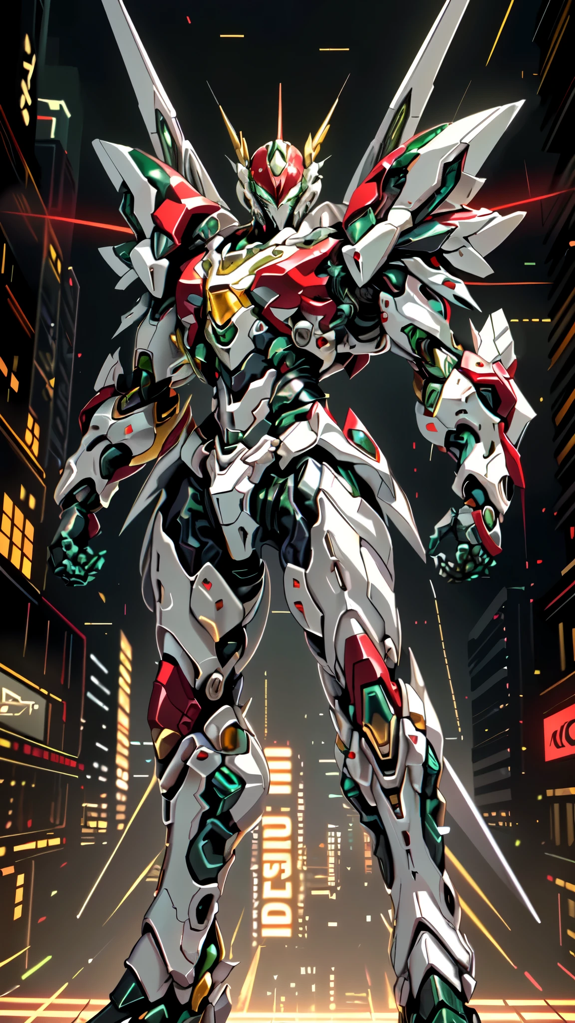 (masterpiece:1.5, best quality:1.5, extremely delicate:1.5, foreshortening:1.5, dynamic angle:1.5), a man wearing a full-face helmet, a fantasy-style biotech armored combat suit, green eyes, (a composite layered chest armor), fully enclosed shoulder guards, matching arm and leg guards, belt of Neon circuit, (the color scheme is primarily white with red green accents), the design balances heavy with agility, a high-tech bio-mecha armor, (Armor Concept Inspired by neon Cyberpunk, stand on the top of a skyscraper in a futuristic sci-fi city), this character embodies a finely crafted fantasy-surreal style armored hero in anime style, exquisite and mature manga art style, (element, plasma, energy, the armor glows), ((male:1.5)), metallic, high definition, highres, ultra-detailed, ultra-fine painting, professional, perfect body proportions, golden ratio, anatomically correct, symmetrical face, extremely detailed eyes and face, high quality eyes, creativity, RAW photo, UHD, 32k, Natural light, cinematic lighting, masterpiece-anatomy-perfect