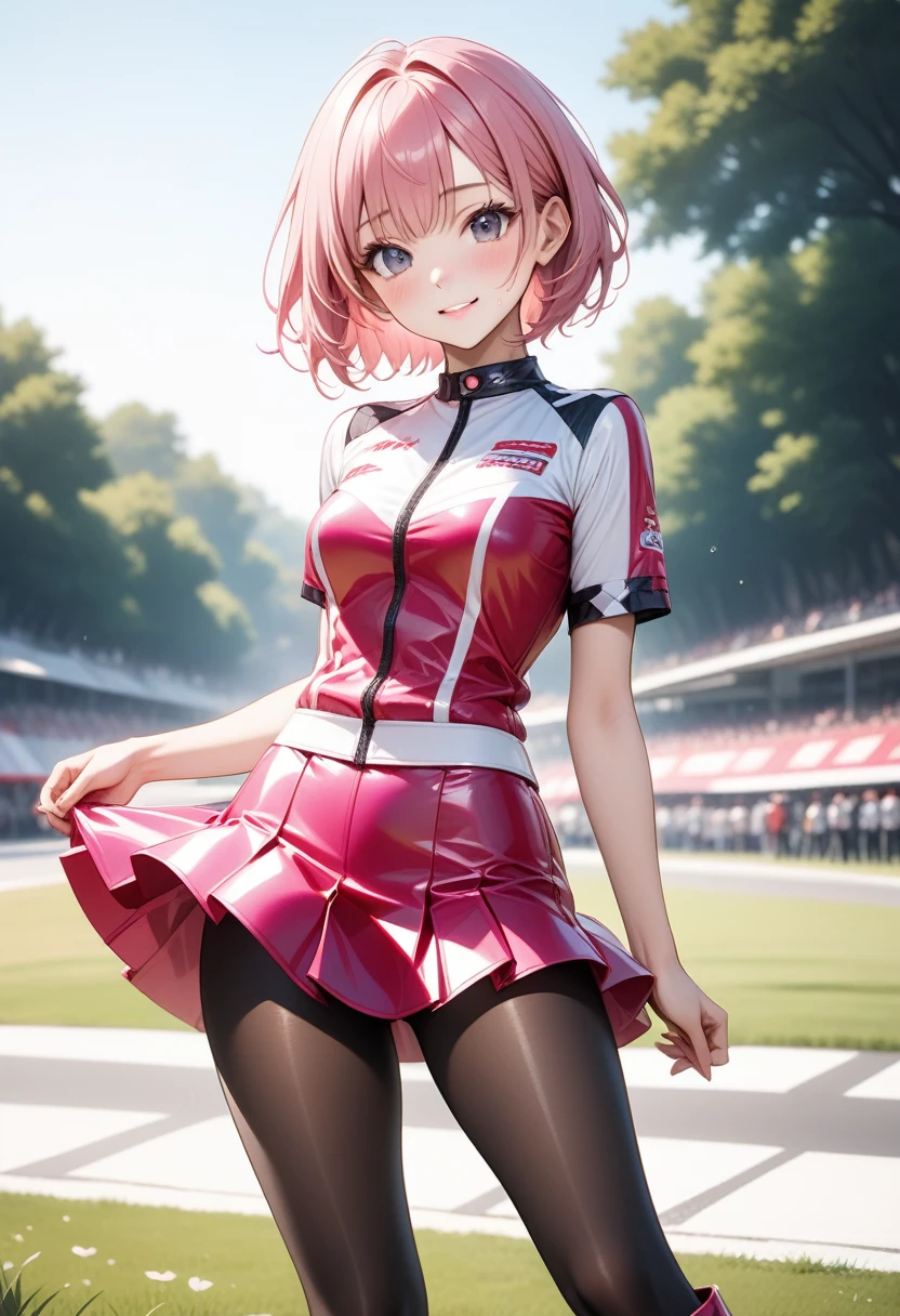 ((race queen)), ((skirt)), luster Outfit, (Black pantyhose), (latex high heel boots), skindentation, skinny, solo, 1 woman, Masterpiece, highest quality, highest quality, 16K, incredibly absurd, highly detailed, 2.5D, ai-generated, delicate and dynamic, very delicate facial expressions, delicate eye depiction, erotic, only sexy woman, ((A cute and kind face)), healthy figure, ((25-year-old woman)), 160cm tall, medium firm swaying bust, (short hair), (pink hair:1.5), bob cut, black eye, blush, Sweat,Embarrassed,sexy, ((thin thighs)), (camel toe:0.8), (Erect nipples:0.9), (visible nipples:0.5), ((shiny and lustrous)), facing straight at viewer, smile, (standing), cowboy shot, ((arm at side)), Large park, daytime, bright, on the grass,