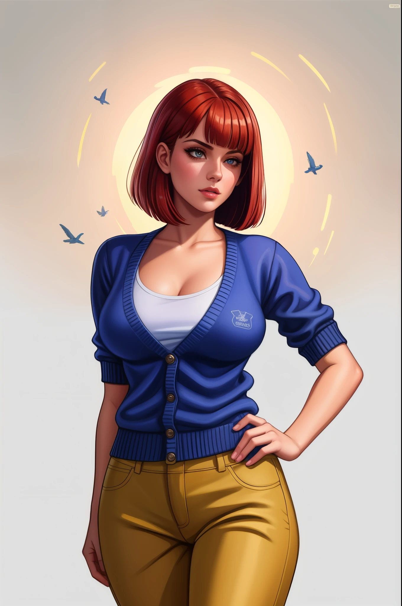 pretty woman, (1girl:1.3),

Cardigan,
Red hair,
Lob (long bob),
Trousers,
rubenesque, pinup,
cowboy shot, standing , in a retro-futuristic setting, atompunk style,

white background, blank background,, (Extremely Detailed Oil Painting:1.2), glow effects, godrays, Hand drawn, render, 8k, octane render, cinema 4d, blender, dark, atmospheric 4k ultra detailed, cinematic sensual, Sharp focus, humorous illustration, big depth of field, Masterpiece, colors, 3d octane render, 4k, concept art, trending on artstation, hyperrealistic, Vivid colors, extremely detailed CG unity 8k wallpaper, trending on ArtStation, trending on CGSociety, Intricate, High Detail, dramatic, absurdes