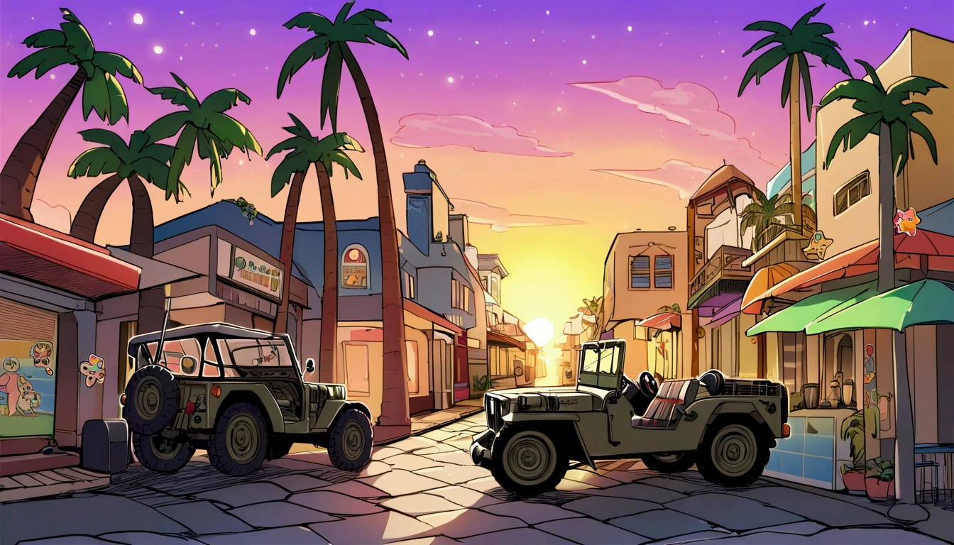 ((Sticker design)), Ford GPW, Sunset background, Palm tree, Layers with 5 colors, Corner Street, Belek's Drums, Plethean,