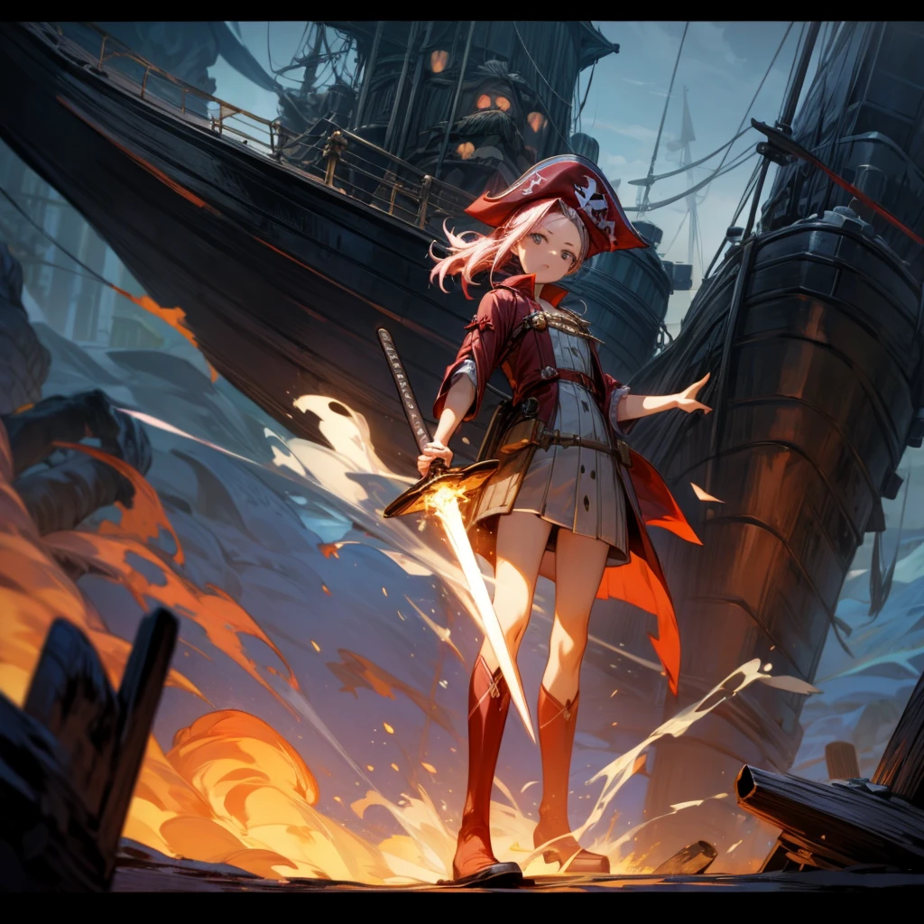 1girl, Full body version, 1character, girl version, black eyes, long Curly haircut, pink colour hair, ancient pirate style clothing, red colour clothing, long boots, Grassroots, background in sea, motion blur, (Hunter x Hunter style), sword Gladius in hang, pirate hat, pirate robe, smoke effect, aura effect, blue lighting, lightning sword, low angle view, fire, with ship pirates, normal gesture 