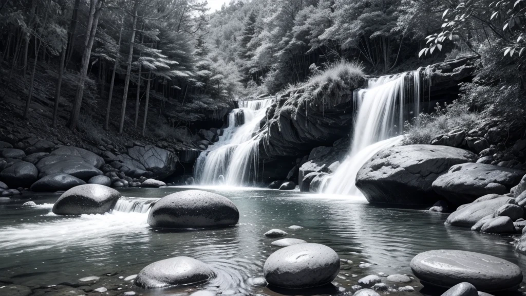meditation stones in black and white waterfall and plants