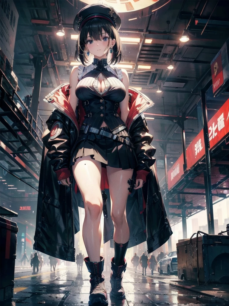 absurdres, RAW photo, extremely delicate and beautiful, masterpiece, Best Quality, ultra high resolution, 32k, hyperrealistic, ultra-detailed, perfect anatomy, super Detailed skin, Super Beauty, perfect figure, Perfect Style, Perfect balance, Very detailed CG 8k wallpaper, in her 20s, very small head, very small face, delicate facial features, tearful mole, earring, very huge breasts, bare legs, full body shot, medium hair, black hair, cyberpunk fashion, waistcoat, blouse, hat, boots, short skirt, bare shoulder,