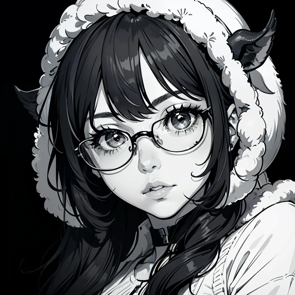 Masterpiece artwork, best qualityer, a girl in a city, closeup line art, monochrome. Long, dark curly hair, big eyes thick lips, Prescription Glasses,wearing a sheep's ear hood