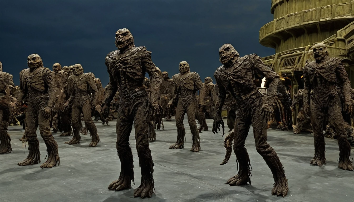 in (medium full shot:3.1), in (side view:3.1) of lot of characters walking from (Galaxy of Terror, with yellow sky:3.1), inspired by style of Zdzislaw Beksinski art, , in apocalypse of chaotic world, monsters, robots, daemons, aliens, mutant (with Creepy, Sci-Fi, Fantasy and Horror:2.9) retro sci fi, Horror movie, ((Cinematic film)), ((Ultra Detailed)), Complex, ((Sharp Focus)), Object Texture, Studio Photo, Complex Details, ((Highly Detailed)), Photo Real Style, ((Hyper-realistic)), High Dynamic Range, ((Realistic Textures)), 8K UHD, Nikon D 850, Kodak Portra 400, Fujifilm XT, 3D rendering