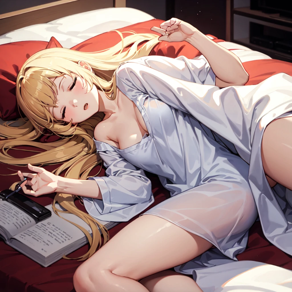 Generate an girl with long blond hair sleeping in long creamy color nightshirt, she is sleeping in red bed at night