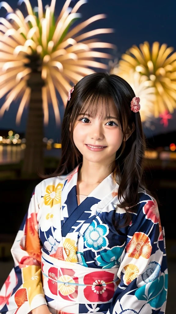 smile、high school girl、yukata、With fireworks in the background、Beautiful night view、