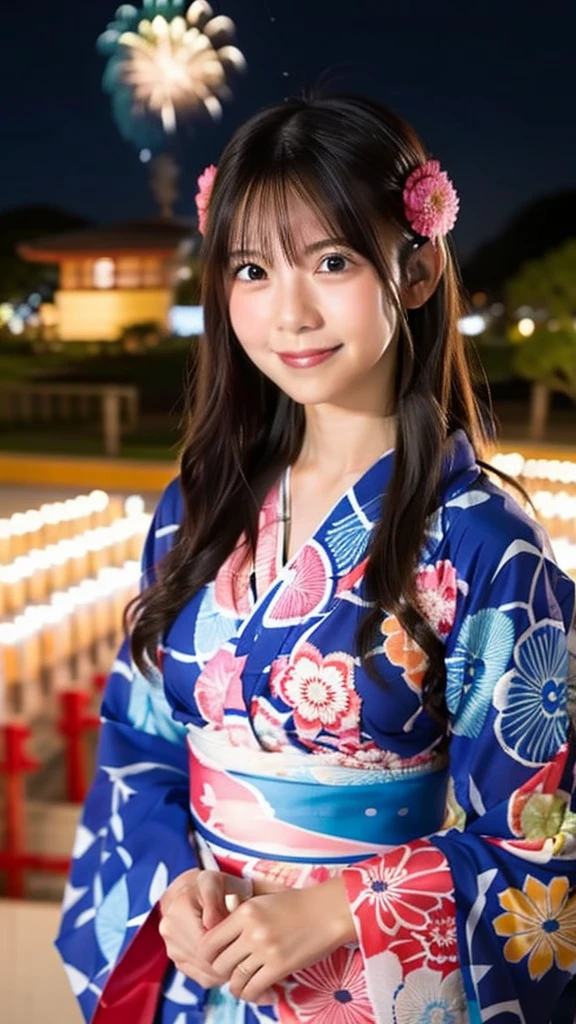 smile、high school girl、yukata、With fireworks in the background、Beautiful night view、