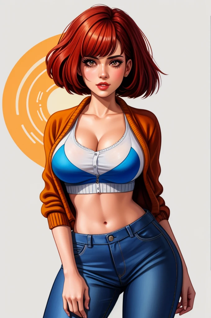 pretty woman, (1girl:1.3),
Cardigan,
Red hair,
Lob (long bob),
Trousers,
rubenesque, pinup,
cowboy shot, standing , in a retro-futuristic setting, atompunk style,
white background, blank background,, (Extremely Detailed Oil Painting:1.2), glow effects, godrays, Hand drawn, render, 8k, octane render, cinema 4d, blender, dark, atmospheric 4k ultra detailed, cinematic sensual, Sharp focus, humorous illustration, big depth of field, Masterpiece, colors, 3d octane render, 4k, concept art, trending on artstation, hyperrealistic, Vivid colors, extremely detailed CG unity 8k wallpaper, trending on ArtStation, trending on CGSociety, Intricate, High Detail, dramatic, absurdes