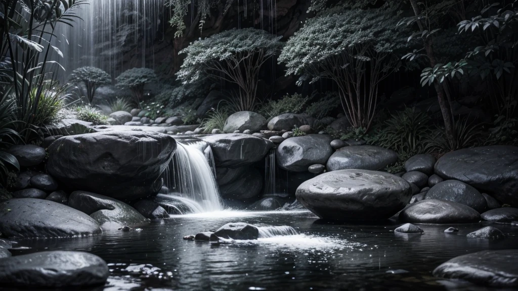 meditation stones in black and white waterfall and plants light rain