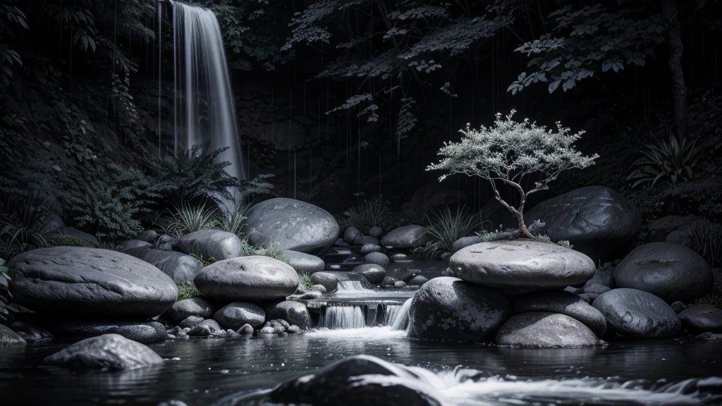 meditation stones in black and white waterfall and plants light rain