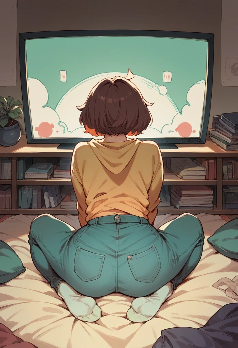 Woman with her back in front of a television with the last name NELLYS and the number 10