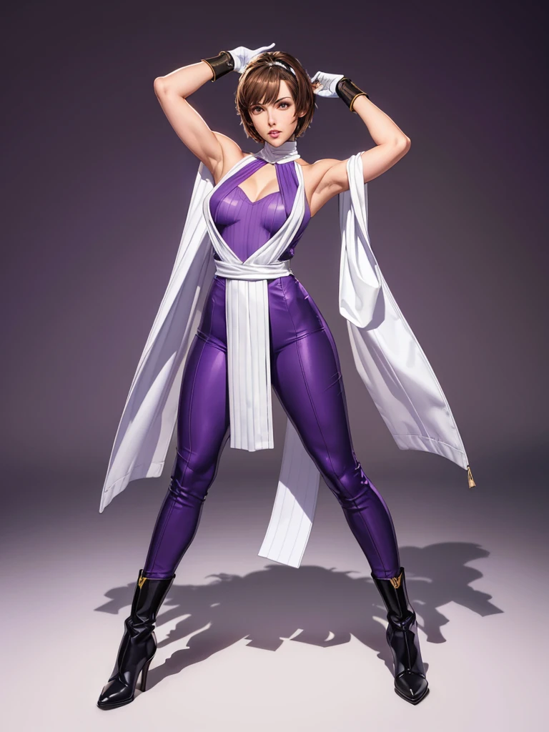 ((best quality)), ((4k)), ((highres)), ((masterpiece:1.2)). ((detailed)), ((ultra realistic)), ((intricate details)), ((full body picture)), ((solo character)), ((blank background)), ((standing in a blank background)), a full body shot of a beautiful european female, polish woman, polish beauty, ((emphasis on her fair skin complexion)), ((brown hair)), pixie haircut, ((PIXIE HAIRCUT)), ((VERY SHORT HAIR)), perfect face, gorgeous face, ((vivid hazel eyes)) detailed eyes, detailed lips, about 6'3 tall, ((TALL WOMAN)), about 18 years old, muscular body, ROBUST FRAME, muscular arms, she's dressed in a sleeveless purple jumpsuit with high neck, ((PURPLE JUMPSUIT)), ((high neck)), no cleavage, ((no cleavage)), BLACK boots and white gloves, ((BLACK boots)), ((white gloves)), WHITE and purple long SCARF AROUND HER neck WITH GOLD ADORNMENTS, ((WHITE and purple long SCARF AROUND HER neck)), posing with her arms above her head, ((arms above head)), fighting game character concept art, tekken character design, the king of fighters character concept, full bofy, full body concept art, full body art