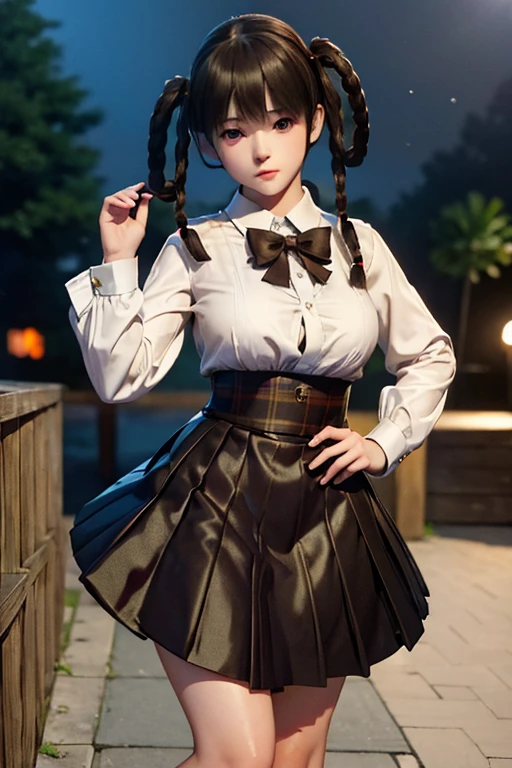 ((ultra detailed, masterpiece, absurdres)) DOALeiFang, 1girl, brown hair, brown eyes, twin braids, hair rings, portrait , steam , rain , plaid skirt , pleated skirt , Tight shirt , white Shirt , school girl , red bow , red knot ,