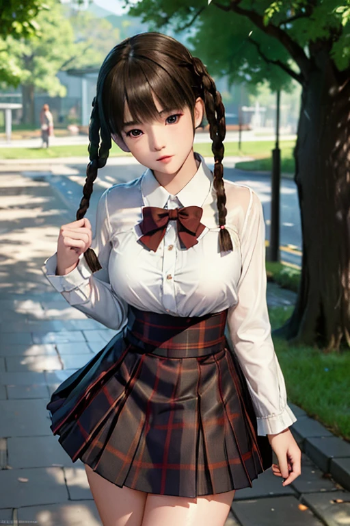 ((ultra detailed, masterpiece, absurdres)) DOALeiFang, 1girl, brown hair, brown eyes, twin braids, hair rings, portrait , steam , rain , plaid skirt , pleated skirt , Tight shirt , white Shirt , school girl , red bow , red knot ,