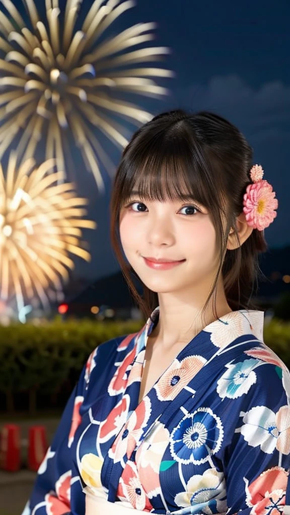 smile、high school girl、yukata、With fireworks in the background、Beautiful night view、