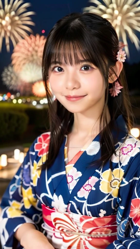 smile、high school girl、yukata、With fireworks in the background、Beautiful night view、