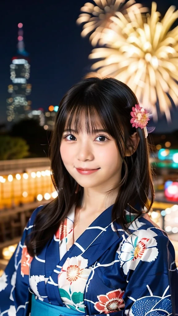 smile、high school girl、yukata、With fireworks in the background、Beautiful night view、