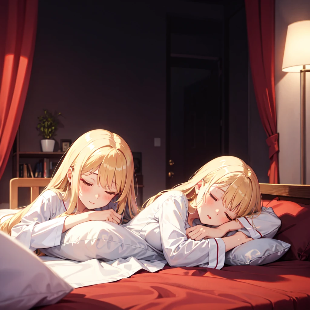 Generate an girl with long blond hair sleeping in long creamy color nightshirt, she is sleeping in red bed at night