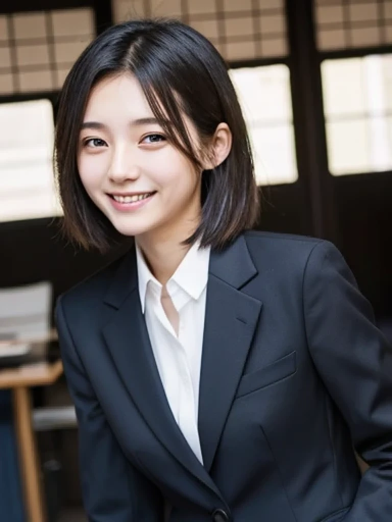 Japanese、18 year old girl、Very slim、((Smiling))、business suit、Business district、hort hair