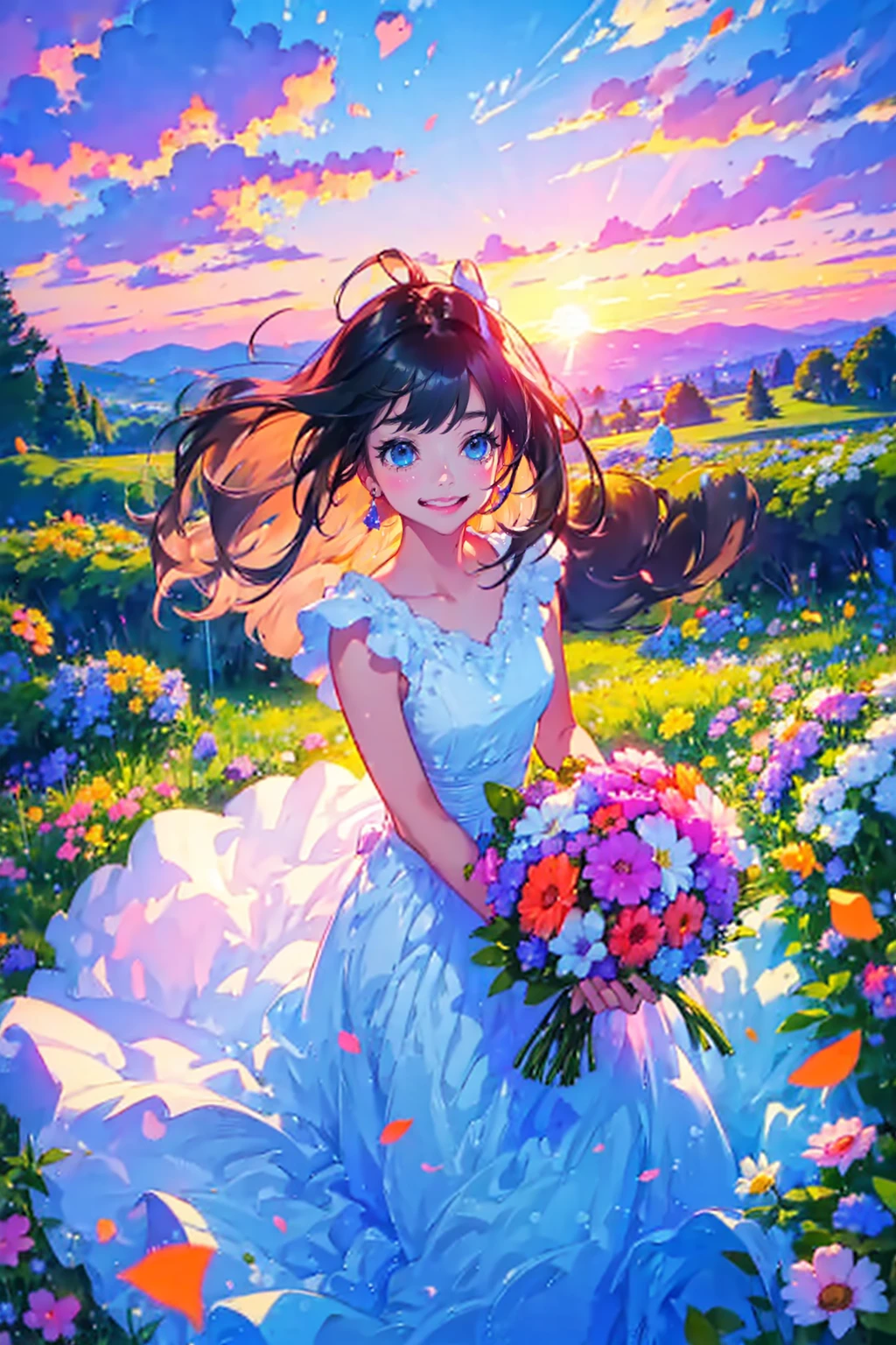 1girl,solo,cute,smile,hold a gorgeous bouquet,sunrise,brilliant sky