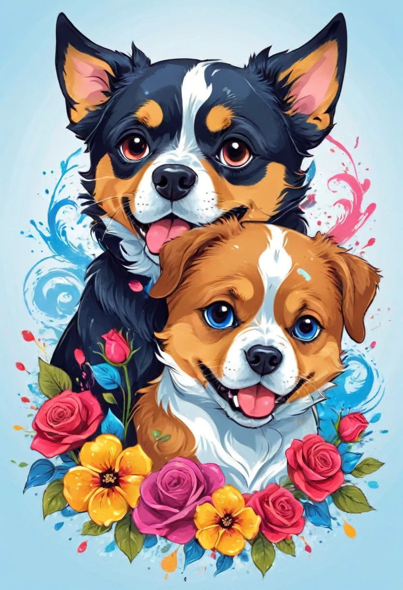 A t-shirt with vector art of a colorful illustration, two dogs rose flowers, At the center, swirly vibrant colors, paint splashes and smears, high détail, blue background, t-shirt designs
(artwork, best quality, proffesional, perfect composition, very aesthetic, absurdrez, super verbose, Intricate details:1.3)