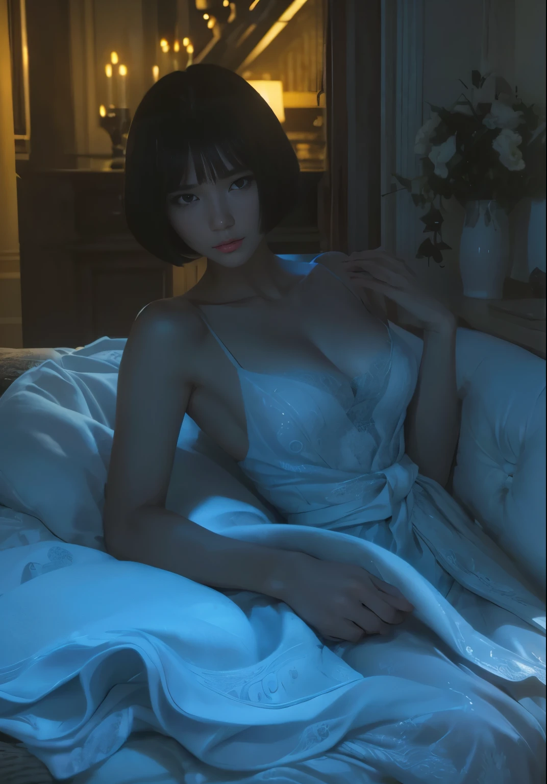 (Best quality, 8k, 32k, Masterpiece, UHD:1.2) "Generate a captivating artwork featuring a young Japanese girl model with short, sleek black hair styled in a chic bob haircut. Envision her bathed in dramatic cinematic lighting, creating an atmosphere of allure and mystery. Emphasize a romantic aesthetic vibe, showcasing the model in a poised and elegant pose that evokes a sense of intimacy and sophistication. Utilize warm and soft tones to enhance the romantic ambiance, and consider incorporating elements like flowing fabrics or flowers to add a touch of ethereal beauty. Capture the essence of romance and beauty through the model's expression, the play of light and shadows, and the overall aesthetic, creating a visually compelling and emotionally resonant piece." (perfect eyes), flawless skin, flawless face, cinematic, tight body, ((well-proportion female hands)), ((female hands with five digits))