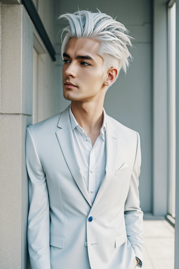 Anime man with white hair wearing suit styled hair