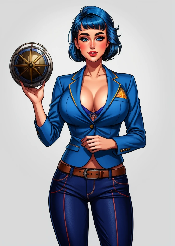 Cropped Blazer,
Blue hair,
Layered haircut,
Flared pants,
rubenesque, pinup,
cowboy shot, standing , in a retro-futuristic setting, atompunk style,

white background, blank background