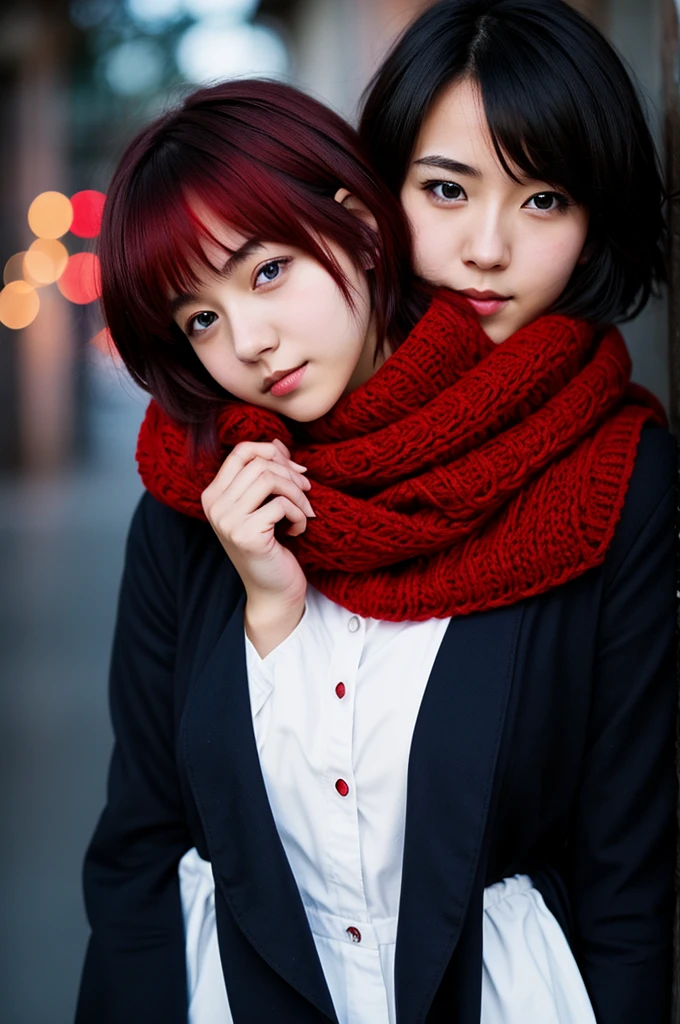 ((Anime girl)),((magic)),dark academia,red uniform,white skin,red eyes, dark blue short hair,red scarf.