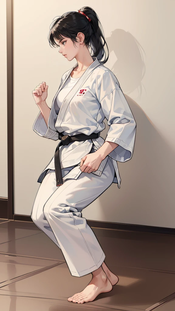 Slender female karateka Mature Woman ((seiza)) Open chest Karate Dojo Black Hair ponytail ((White T-shirt underneath the karate uniform)) clavicle Black belt sit White pants,Loose, plain white clothing, Loose white short-sleeved karate uniform Décolletage Open chest karate gi