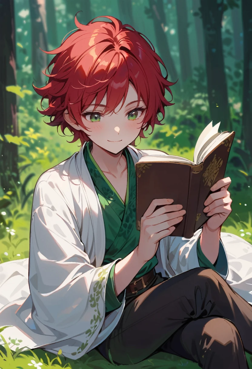 young boy, naughty man, reading alone, lying on the grass in a lush green forest, tall and slim, youthful face, Red hair, greeneyes, skin fair, has a simple smile, cross legs, reading a brown book, has white clothes and used brown pants, Peasant, bard, kingslayer chronicle kvothe style