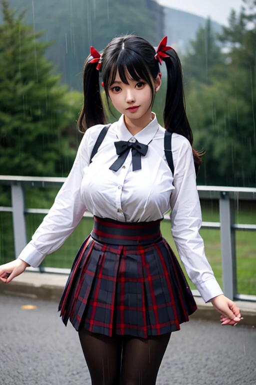 LingX,black hair,twintails,brown eyes,hair ornament, pantyhose (insanely detailed, masterpiece, best quality),solo, steam , rain , plaid skirt , pleated skirt , Tight shirt , white Shirt , school girl , red bow , red knot ,