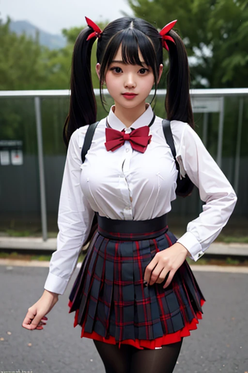 LingX,black hair,twintails,brown eyes,hair ornament, pantyhose (insanely detailed, masterpiece, best quality),solo, steam , rain , plaid skirt , pleated skirt , Tight shirt , white Shirt , school girl , red bow , red knot ,